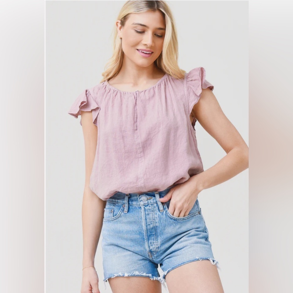 GRAHAM & SPENCER VELVET Pink Irene Linen Flutter Sleeve Top Women’s Size S